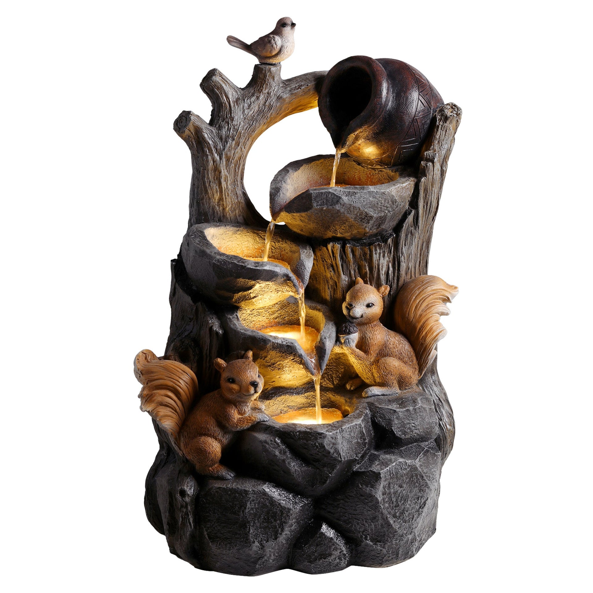 Resin Squirrel Tree Stump Outdoor Fountain 30 Inch LED