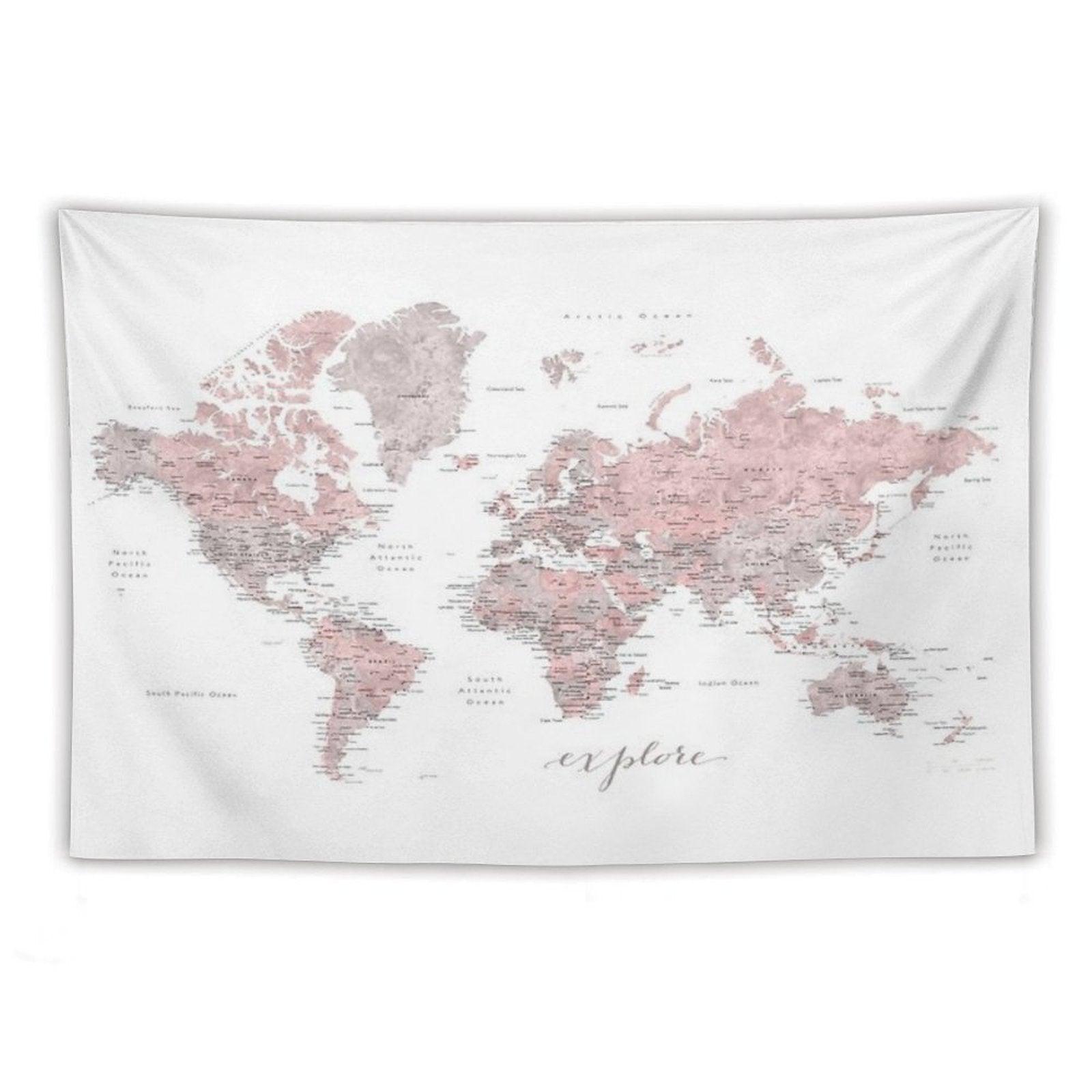 Explore - Dusty Pink And Grey Watercolor World Map, Detailed Tapestry