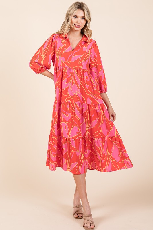 New Summer Tiered Printed Collared Neck Midi Dress For Women – Elegant and Versatile Dress with a Polished, Feminine Flair