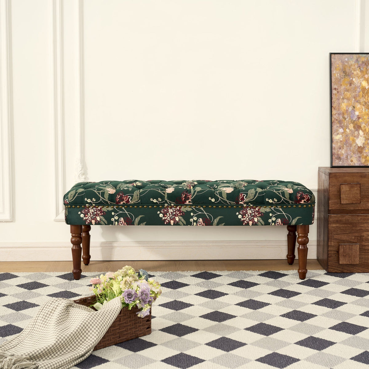 European Style Tufted Floral Bench with Turned Wood Legs