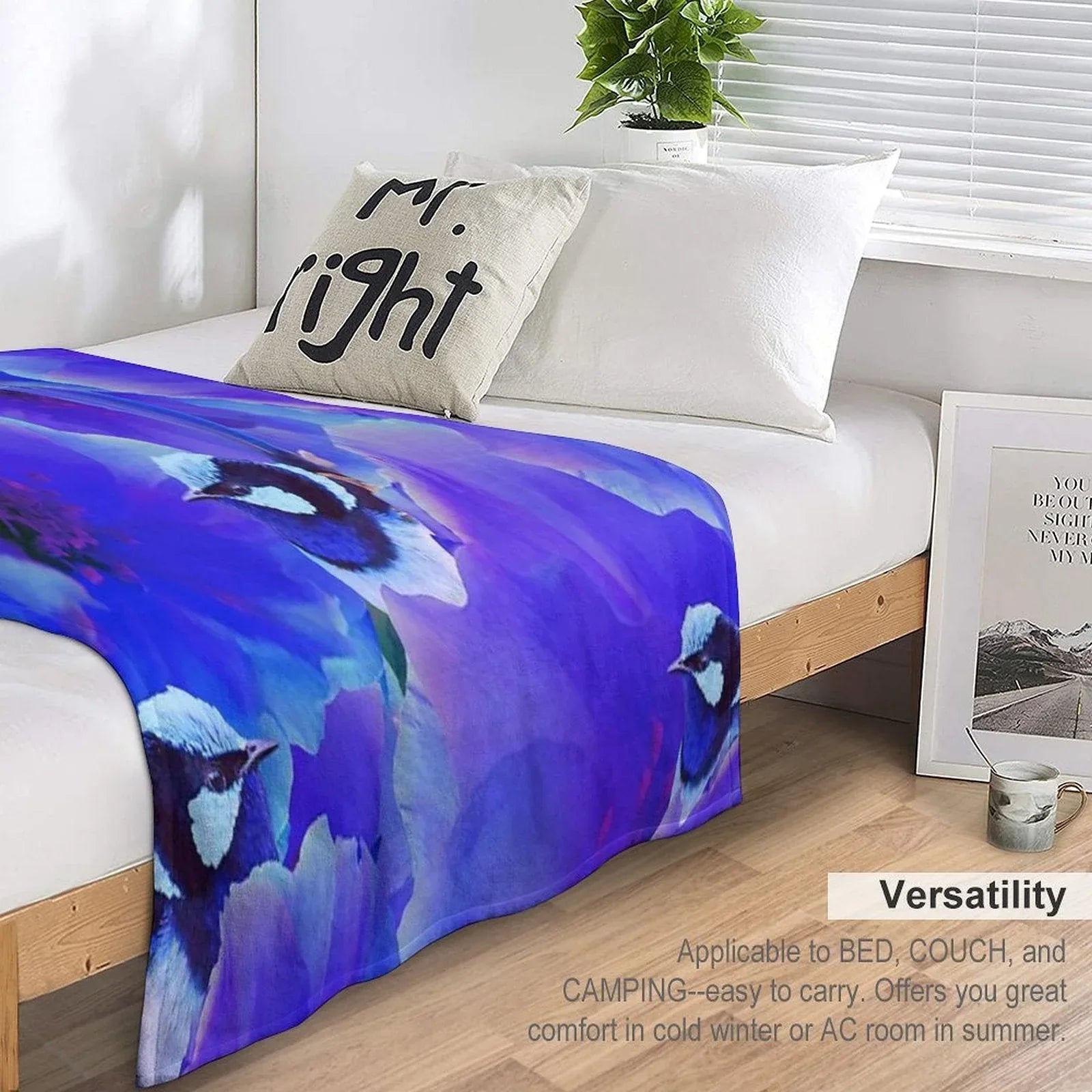 Bluetiful - Spot The Wren - Blossom Floral & Blue Wren Behind Black Throw Blanket
