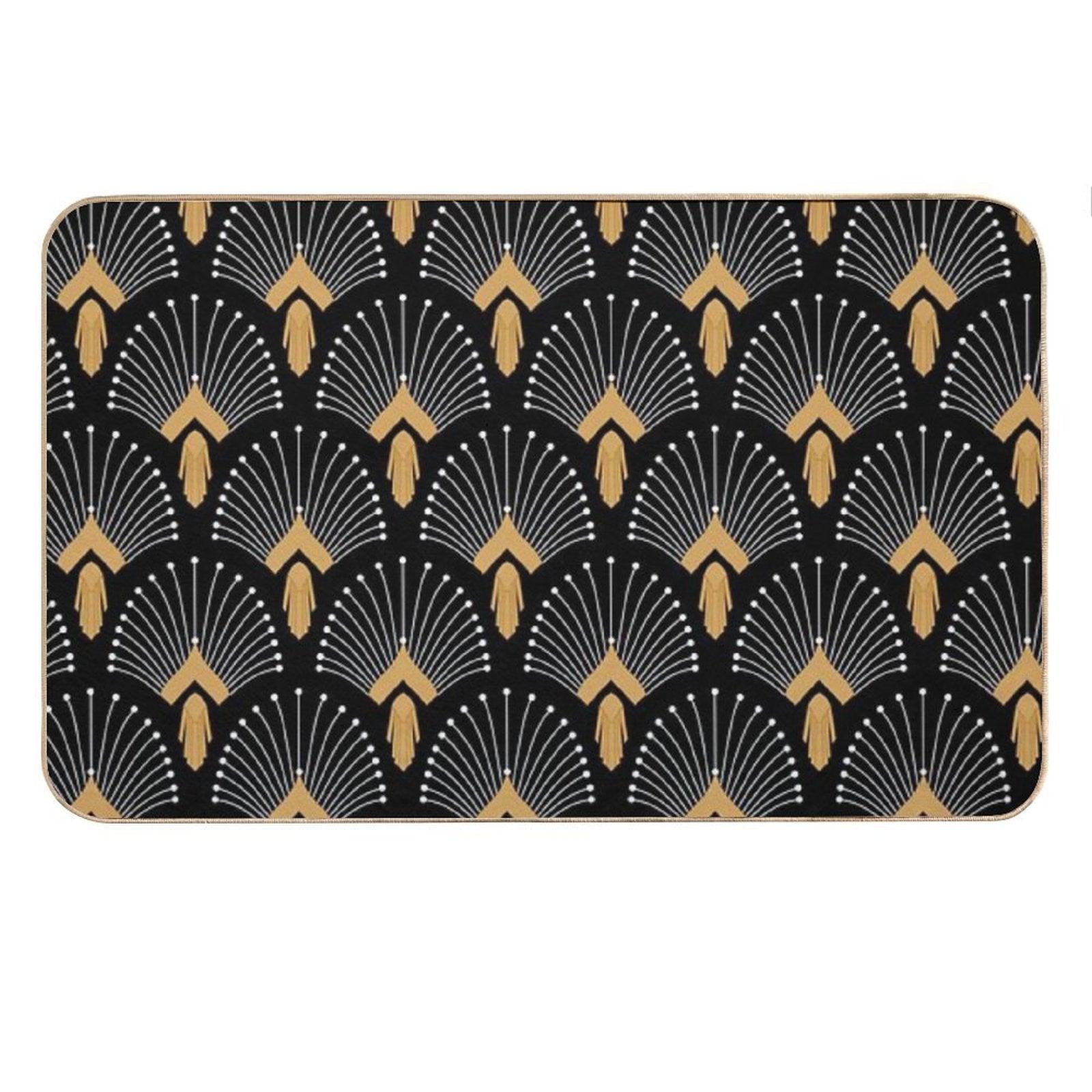Black, Gold And White Art Deco Fan Flowers Motif Bath Mat