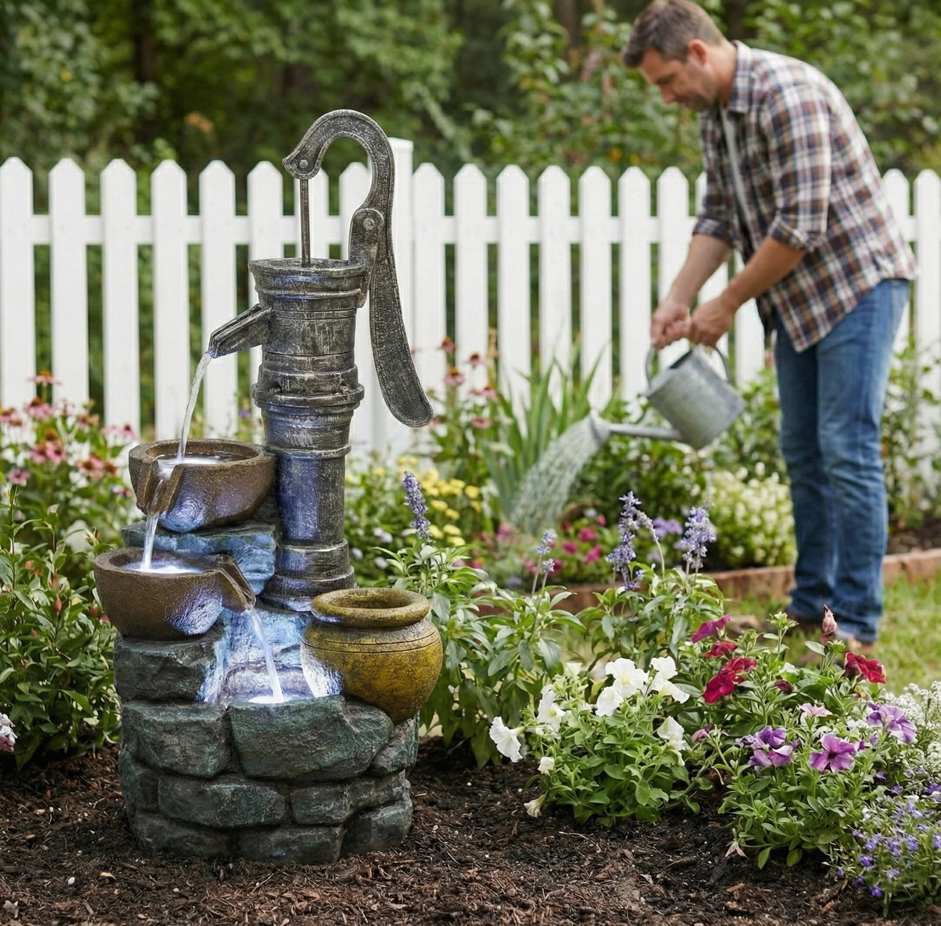Resin Hand Pump Cascading Outdoor Fountain 32 Inch