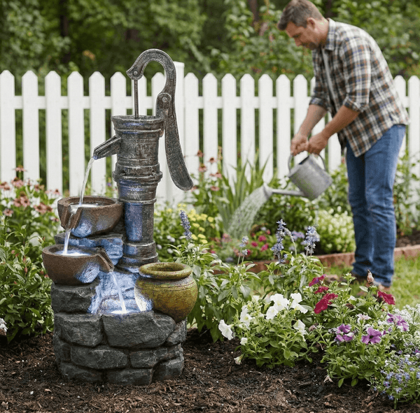 Resin Hand Pump Cascading Outdoor Fountain 32 Inch