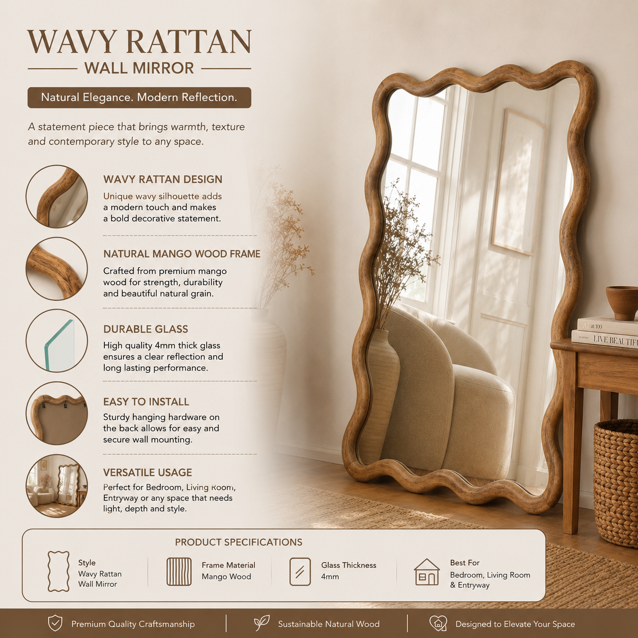 Decorative Wavy Wall Mirror with Mango Wood Frame, 36x48