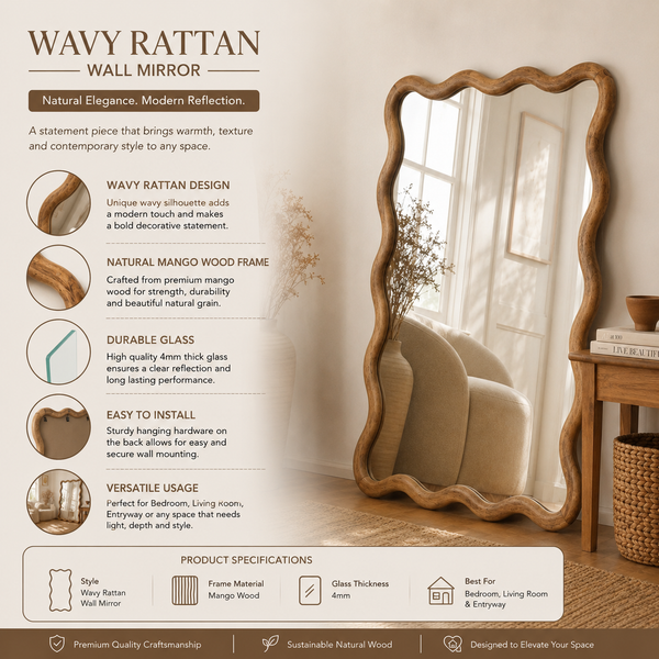 Decorative Wavy Wall Mirror with Mango Wood Frame, 36x48