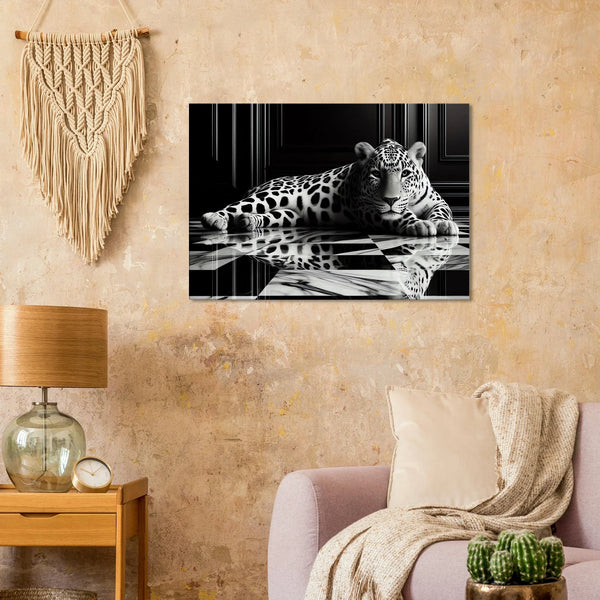 Leopard Canvas Art Print – Striking Design on Black & White Checkered Marble Floor