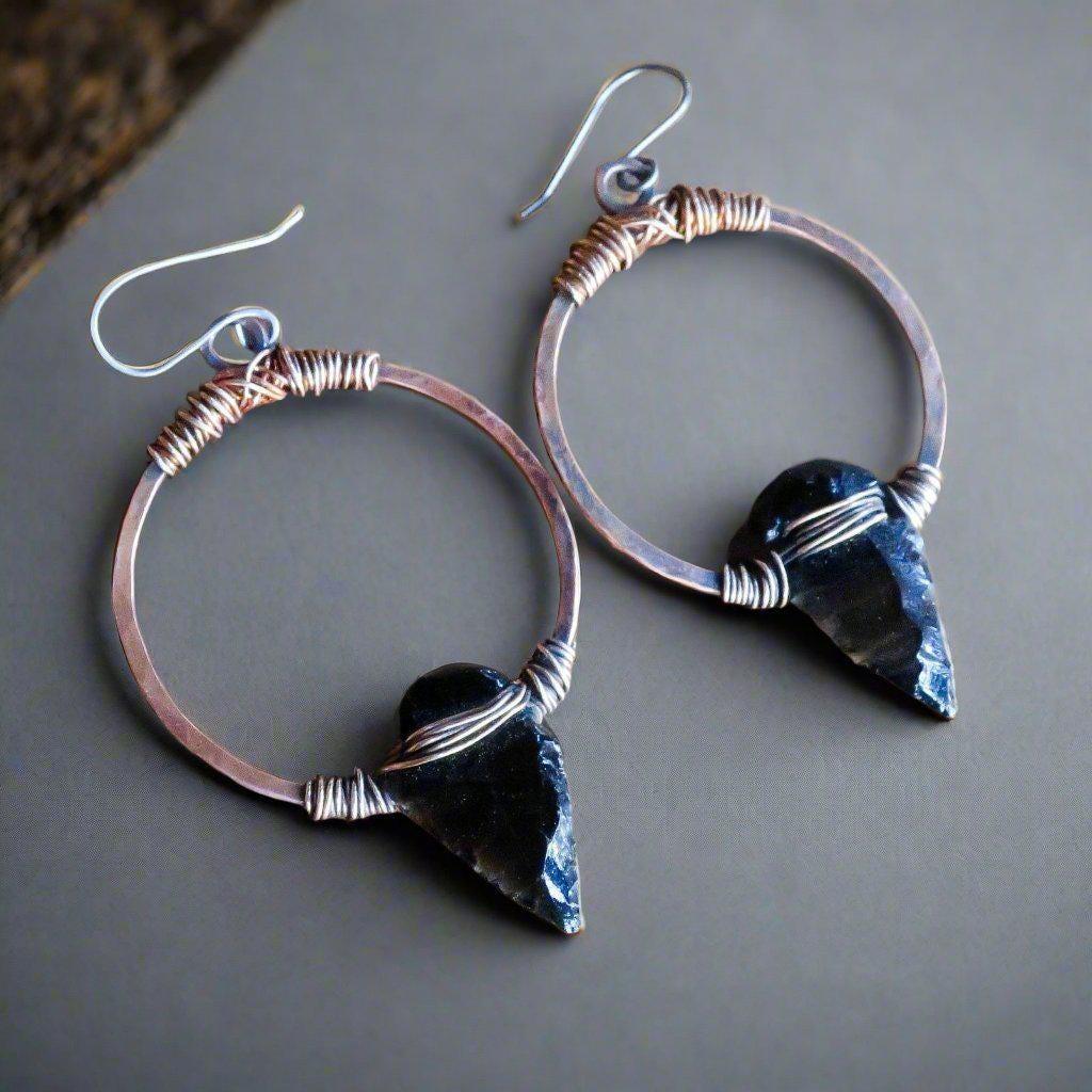 Obsidian Arrowhead Hoop Earrings – Boho | Handmade by Blackbird & Sage