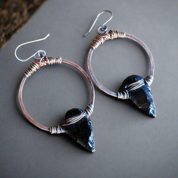 Obsidian Arrowhead Hoop Earrings – Boho | Handmade by Blackbird & Sage