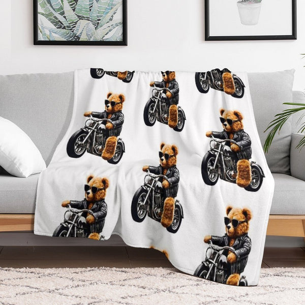 Cool Biker Teddy Bear on Motorcycle - Fun And Cute Plush Design Durable Throw Blanket