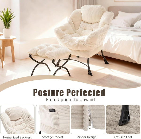 Large Corduroy White Armchair With Ottoman Footrest