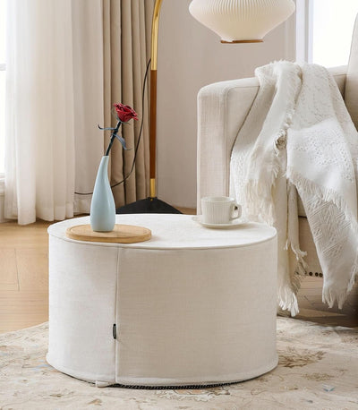 Twenty Two Inch Beige Ottoman Pouf With Ultra Premium Foam
