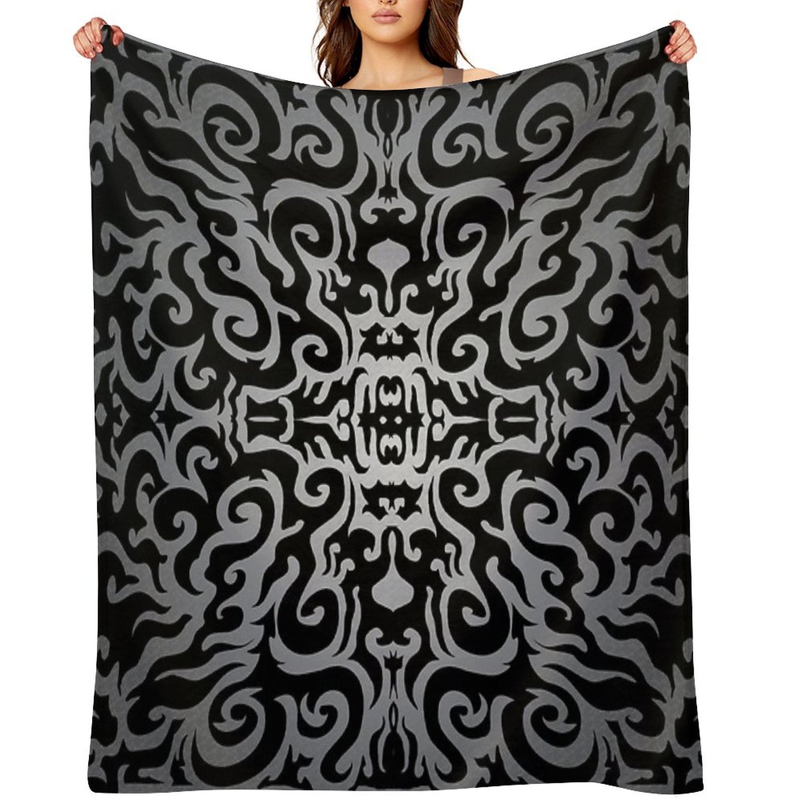 Silver Damask Brocade Pattern Travel-friendly Throw Blanket