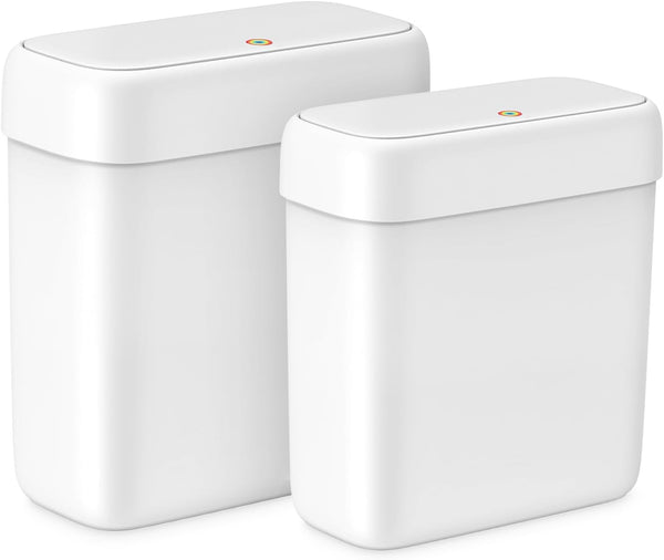 MOPALL Small Bathroom Trash Can with Lid, 2.6 Gallons / 10 L Slim Plastic Garbage Bin with Pop-Up Lid, Mini Waste Basket Can Dog Proof for Kitchen, Bedroom, Office, Laundry, Toilet, Rv, White