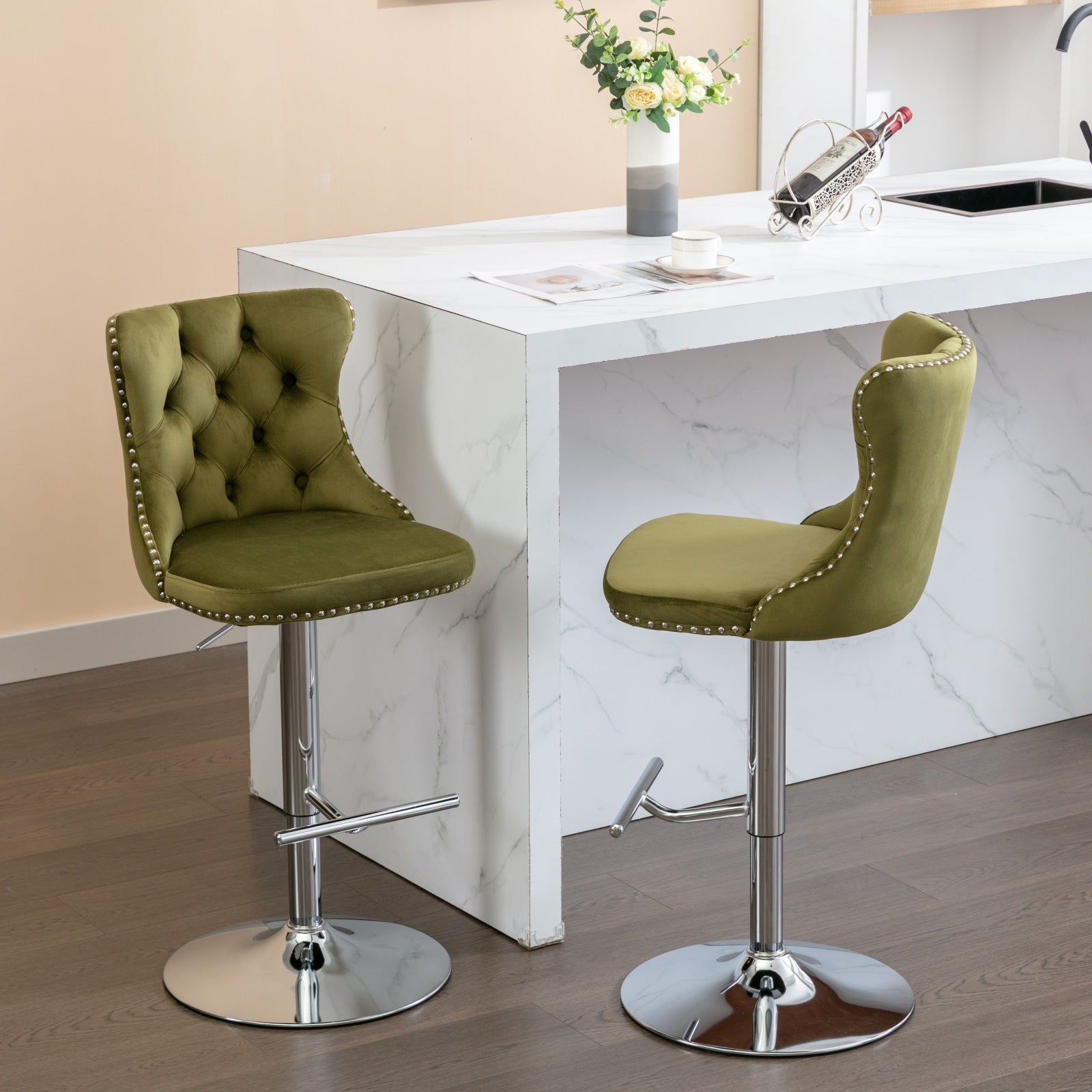 Modern Velvet Swivel Barstools with Adjustable Seat Height and Chrome Base