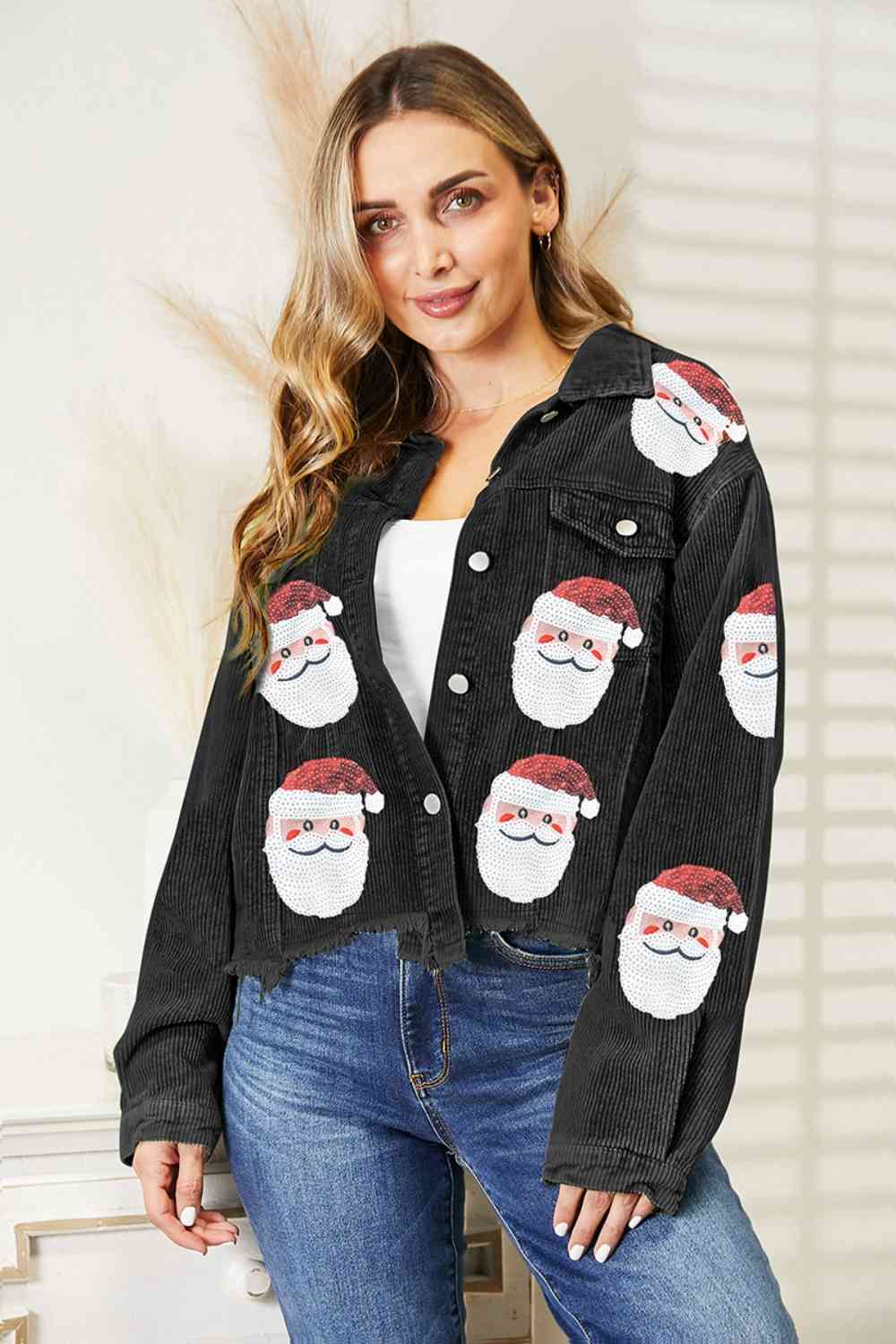 Red Santa Sequin Raw Hem Jacket Festive Buttoned Jacket Charming Winter Women Jacket