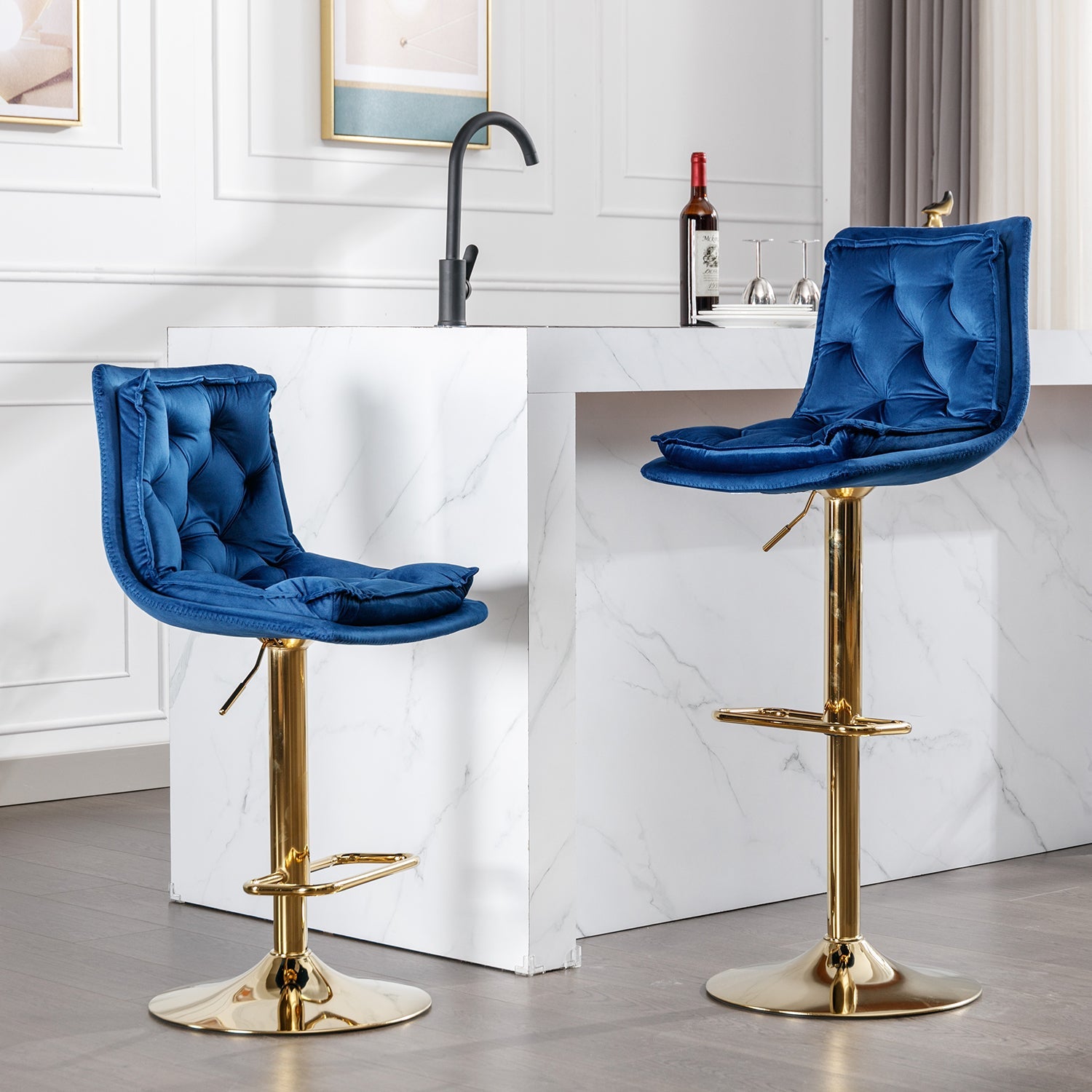 Set of 2 Bar Stools — Chrome Footrest, Swivel Height-Adjustable Velvet Seat, Golden Legs
