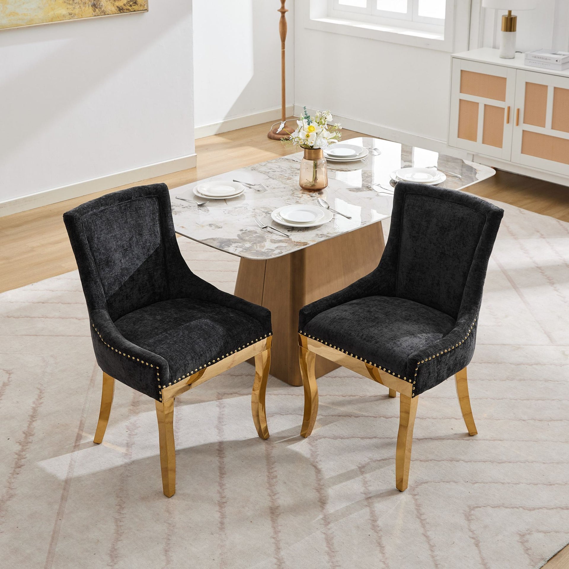 Chenille Dining Chairs Modern Style with Curved Gold-Plated Legs & Rivet Trim