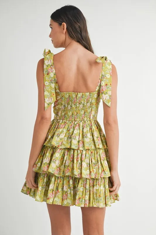 Floral Print Shoulder Tie Layered Mini Dress For Women – Fresh Floral Design, Fluttering Adjustable Shoulder Tie, Layered Mini Dress, Trendy Summer Outfit