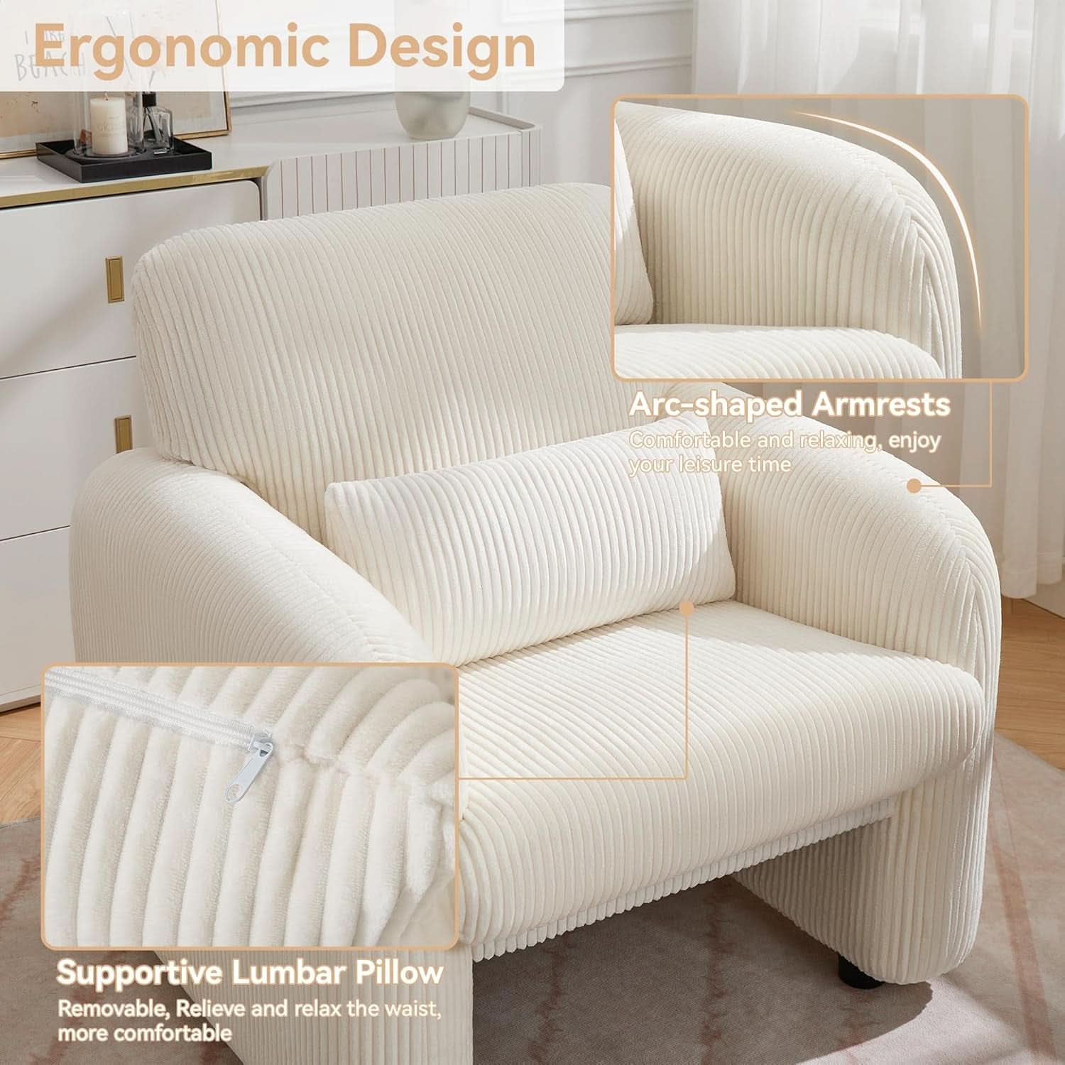 Corduroy Upholstered Accent Chair White Lumbar Pillow