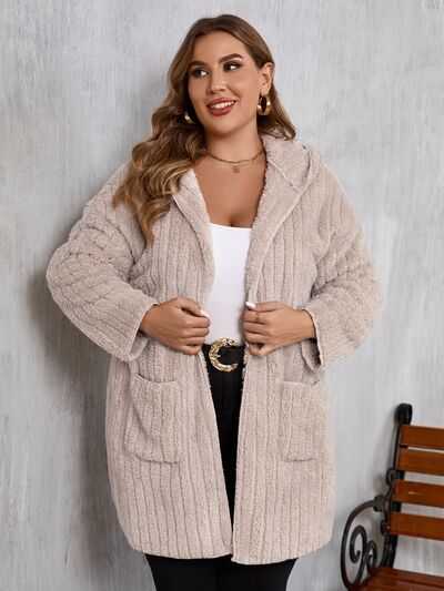 Women Plus Size Hooded Open Front Fuzzy Jacket With Long Sleeves Elegant And Comfortable Jacket