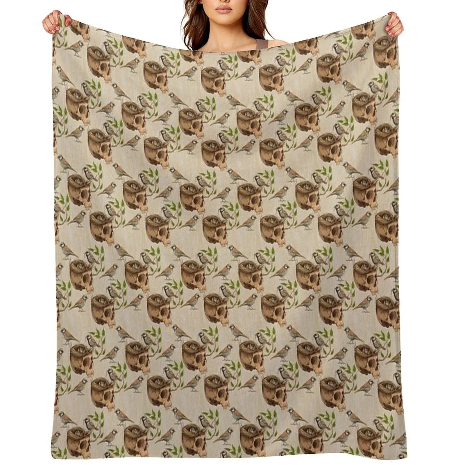 Black And White Illustration of Birds Making A Nest in Animal Skull Throw Blanket