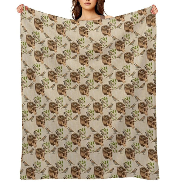 Black And White Illustration of Birds Making A Nest in Animal Skull Throw Blanket