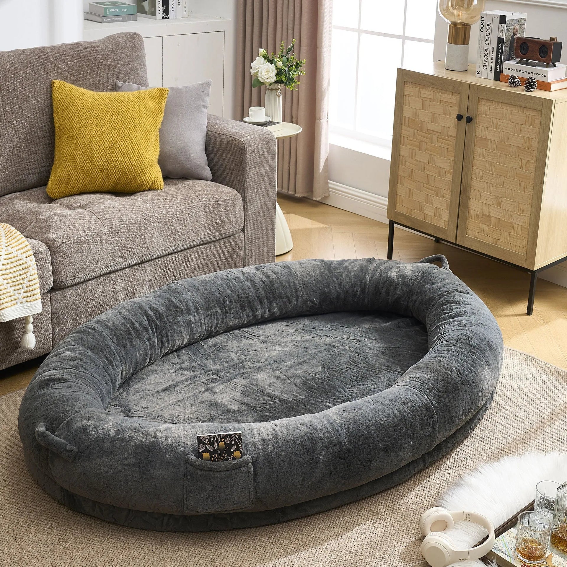 🇫🇷🇪🇪 🇸🇭🇮🇵🇵🇮🇳🇬 Human Dog Bed for Adult, Memory Foam Human Size Pet Bed for Human With Storage Pocket, Dark Gray