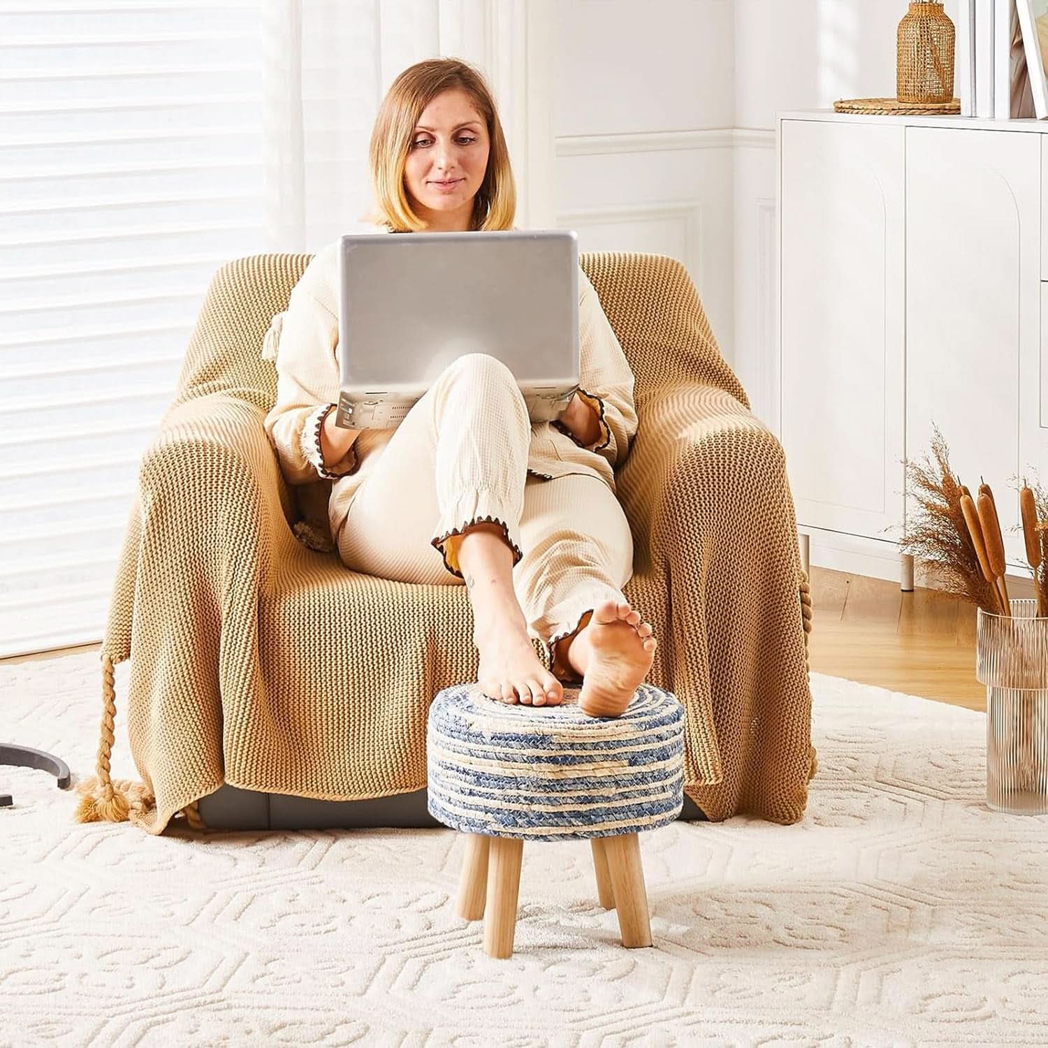 Round Seagrass Ottoman Footstool Handwoven Natural Blue