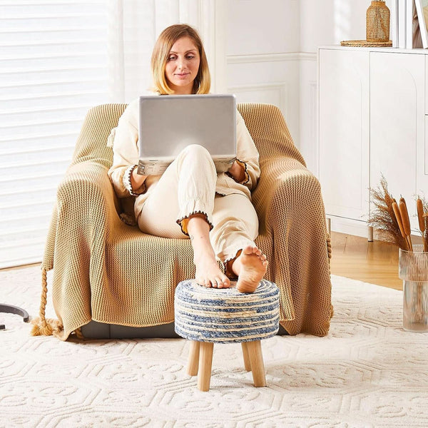 Round Seagrass Ottoman Footstool Handwoven Natural Blue
