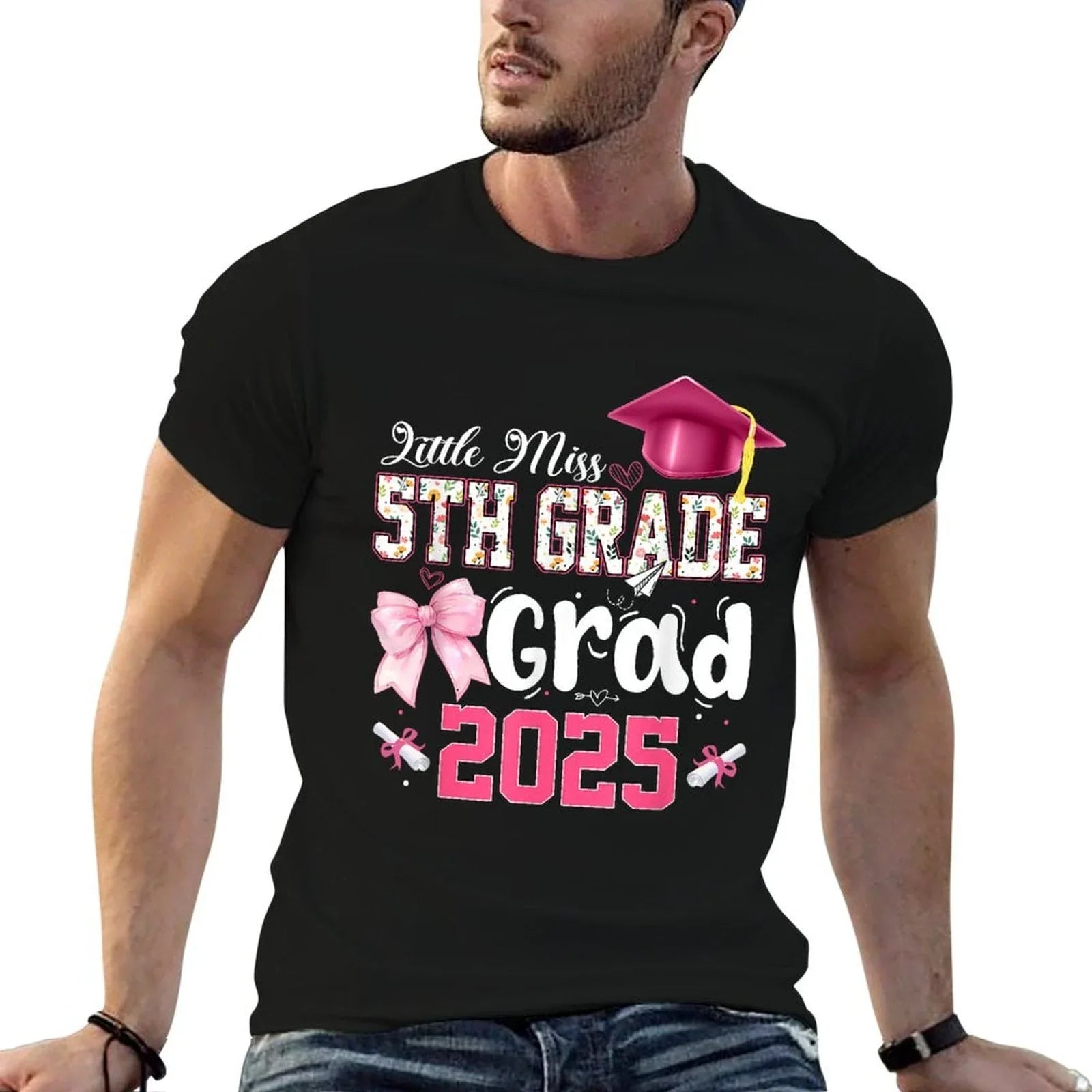 Little Miss 5th Grade Graduation Graduate Coquette Bow Kids  Heathered Texture T-Shirt