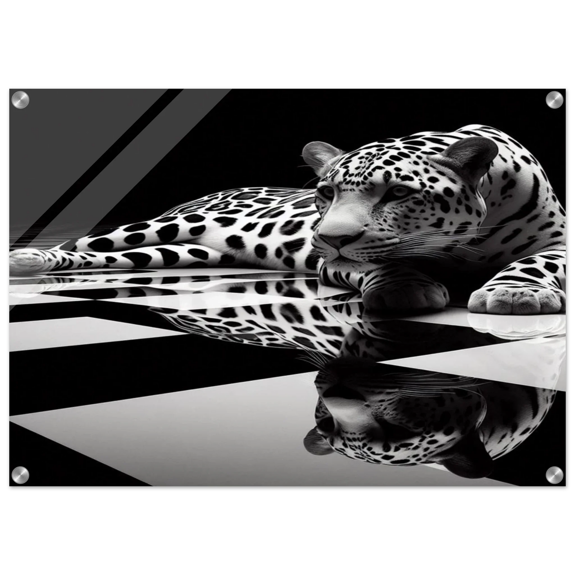 Leopard Acrylic Print on Black and White Checkered Floor – Glossy Finish Wall Art
