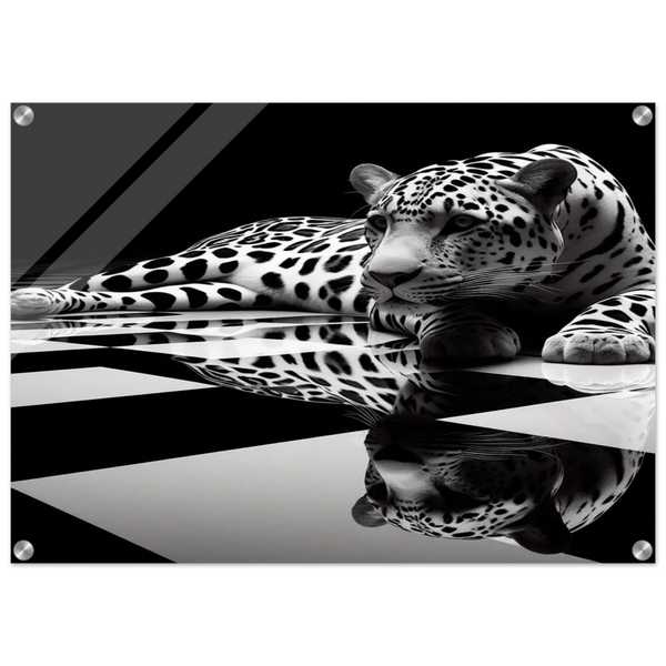 Leopard Acrylic Print on Black and White Checkered Floor – Glossy Finish Wall Art