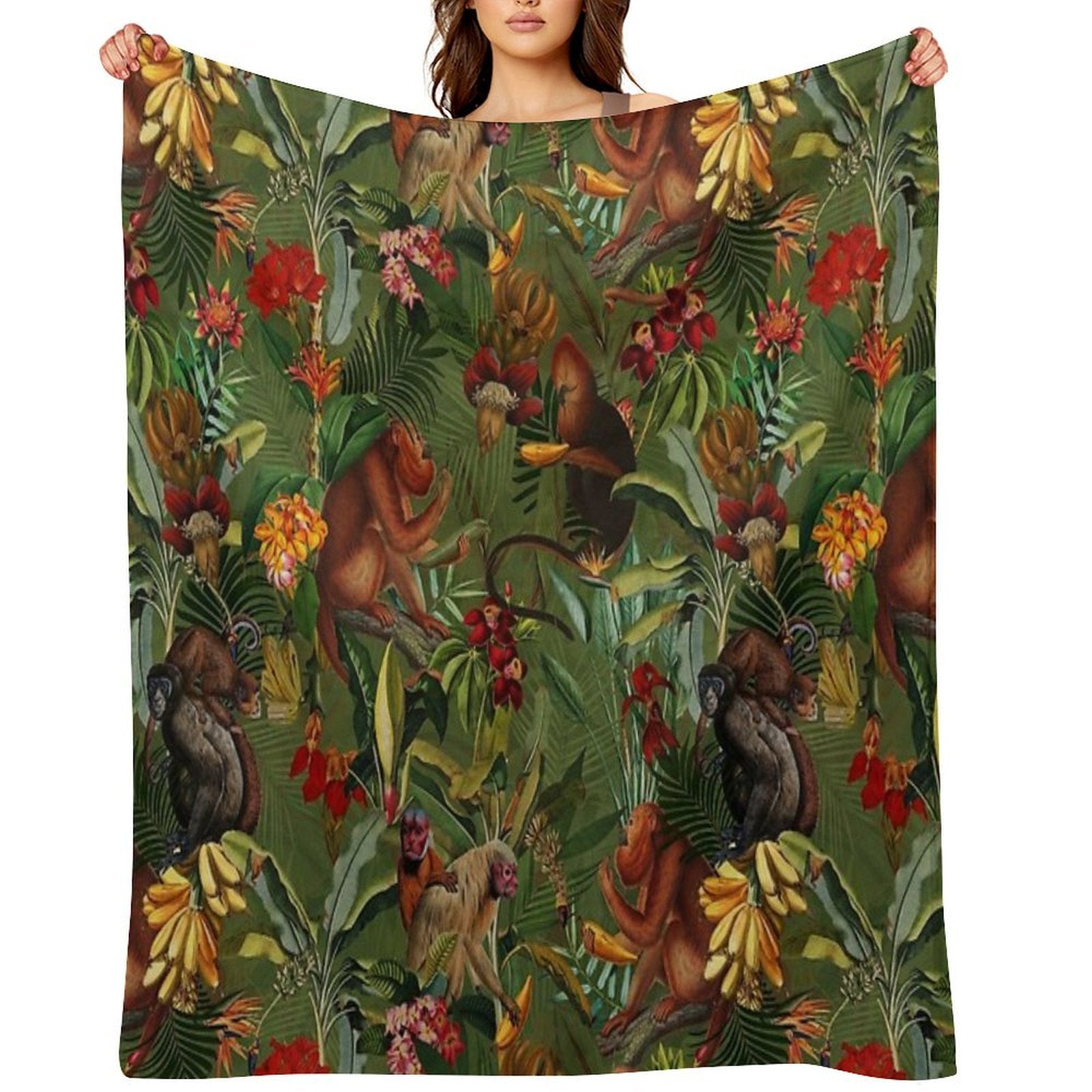 Tropical Monkey Jungle Pattern - Dark Green Botanical Night Garden Nightgarden Plush Throw Blanket