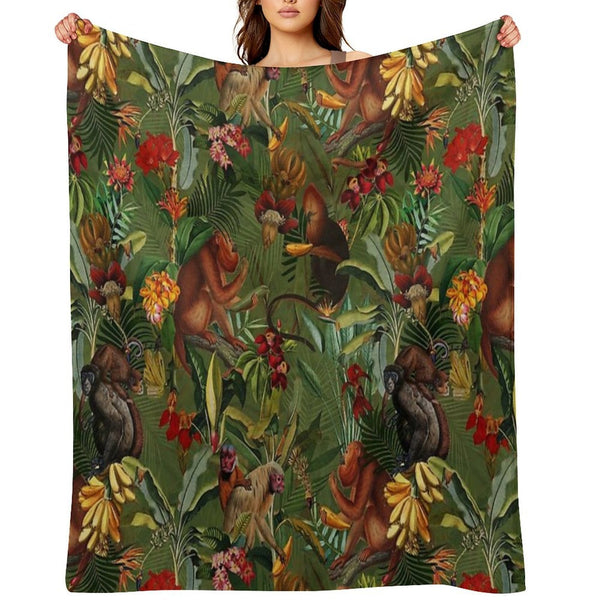 Tropical Monkey Jungle Pattern - Dark Green Botanical Night Garden Nightgarden Plush Throw Blanket