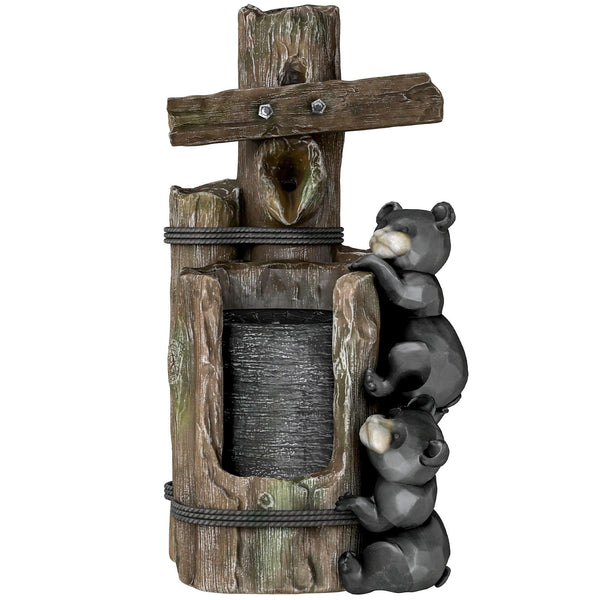 Resin Bear Fountain Two Cubs on Timber Post
