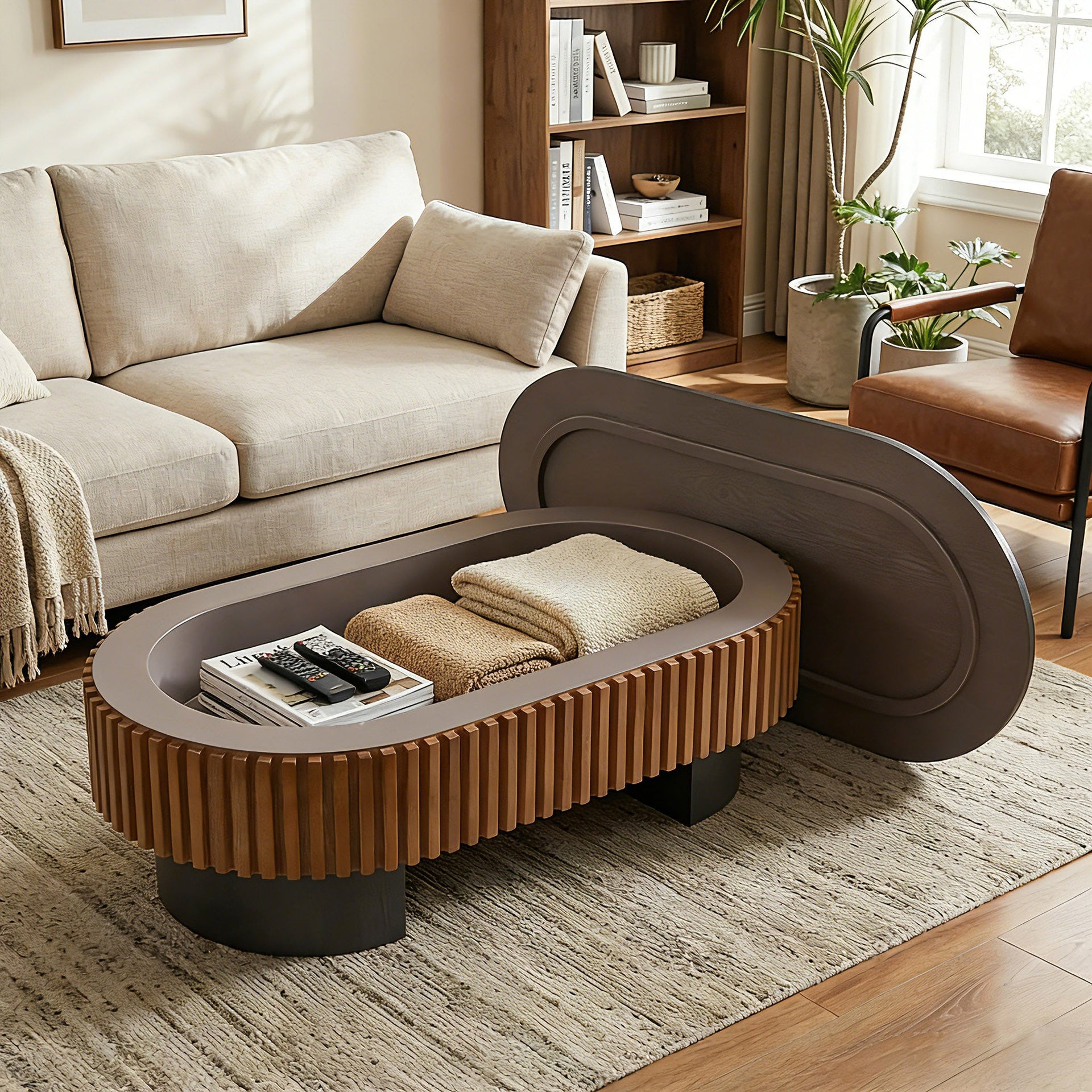 French Inspired Elliptical Living Room Coffee Table with Hidden Storage
