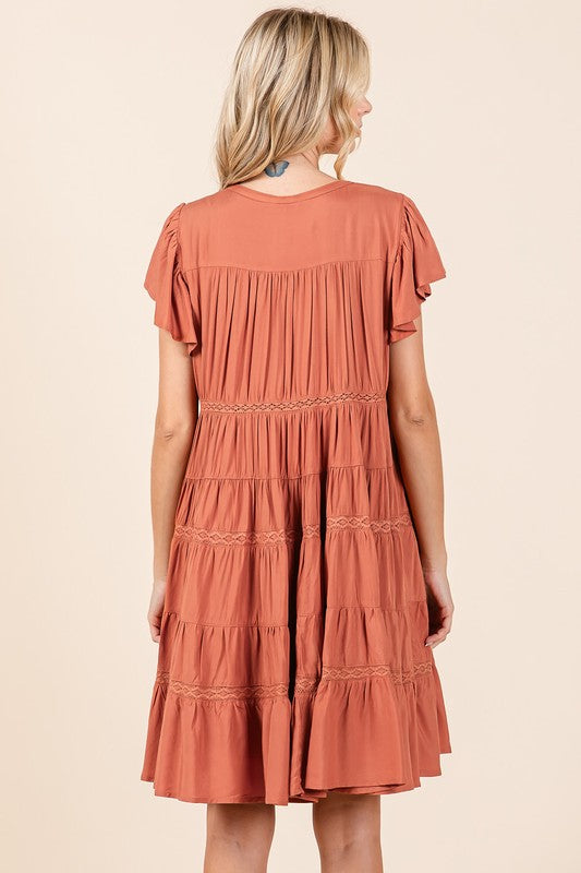 Lace Detail Ruffled Button Down Tiered Dress For Women – Romantic, Fluttering, Trendy, Elegant, Boho, Feminine & Whimsical Style