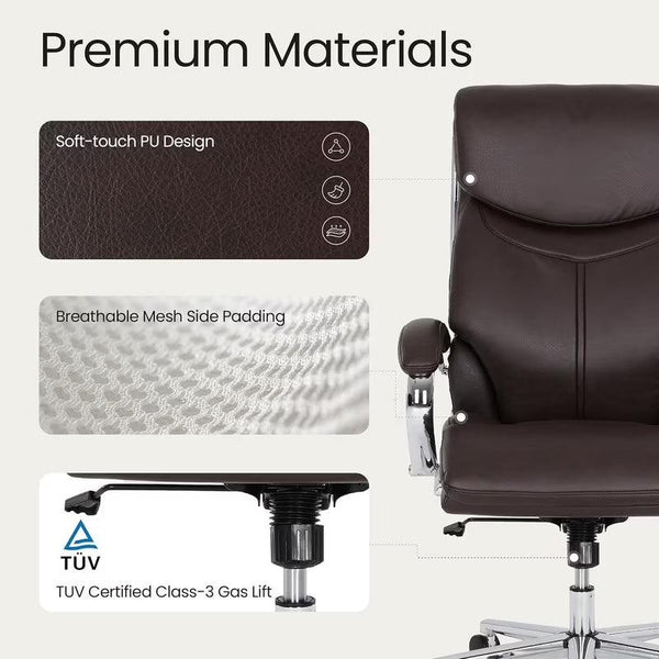 COLAMY High Back Executive Office Chair, PU Leather Computer Desk Chair with Extra Thick Padded Seat Cushion, Quiet Rubber Rolling Casters and Adjustable Tilt Tension for Home Workspace,Brown