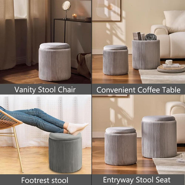 Round Velvet Storage Ottoman Collection Light Grey