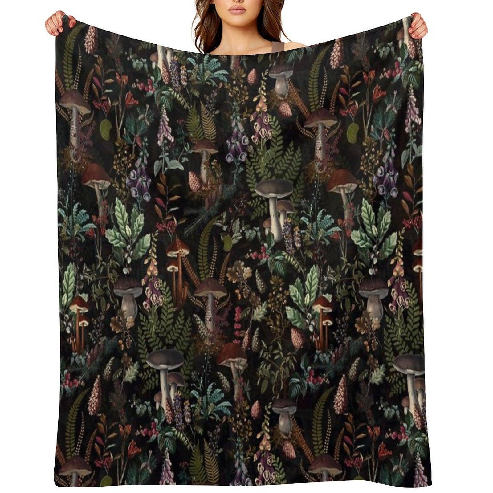 Vintage Mysterious Mushrooms Forest Botanical Botanical Night Garden Pattern NightGarden Throw Blanket