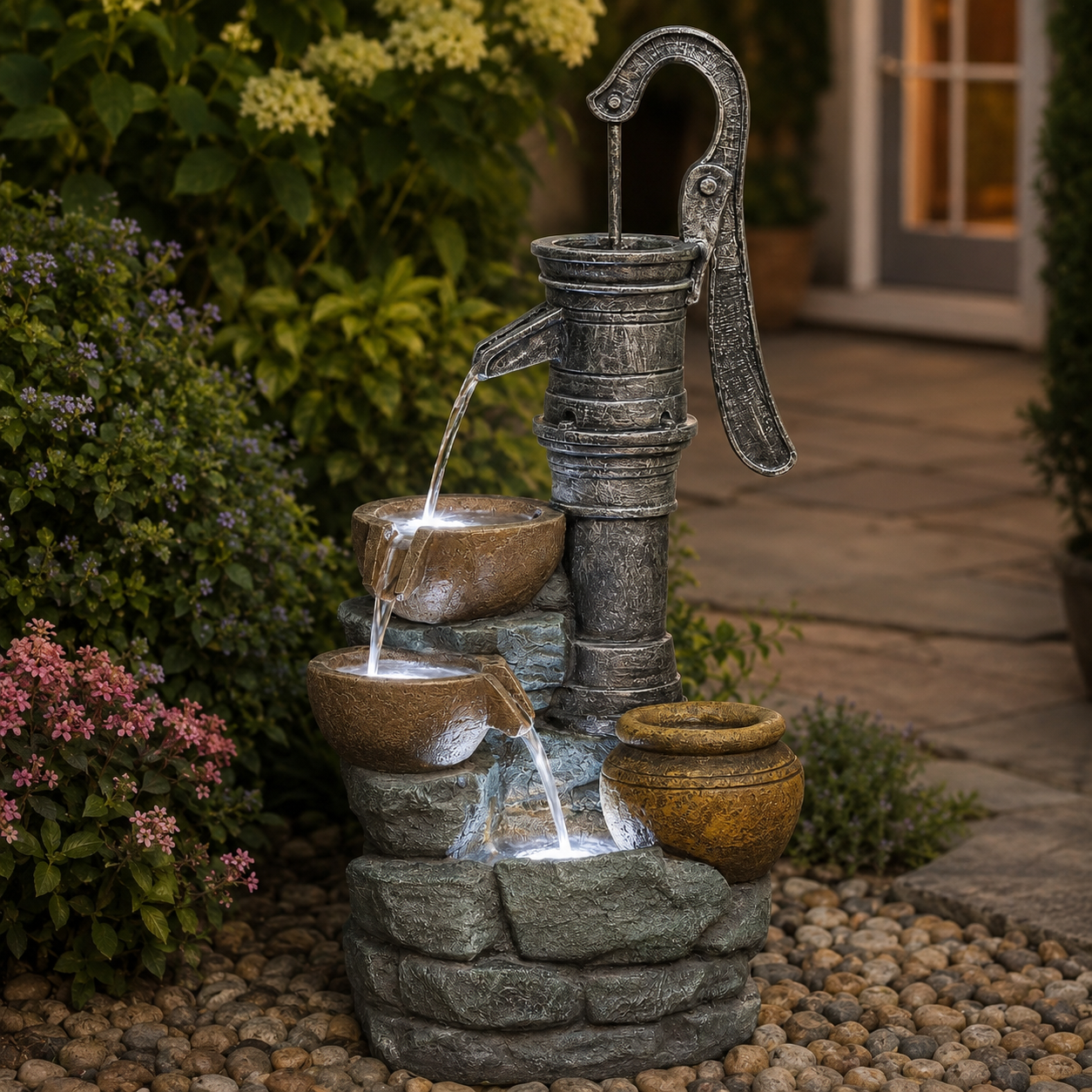 Resin Hand Pump Cascading Outdoor Fountain 32 Inch