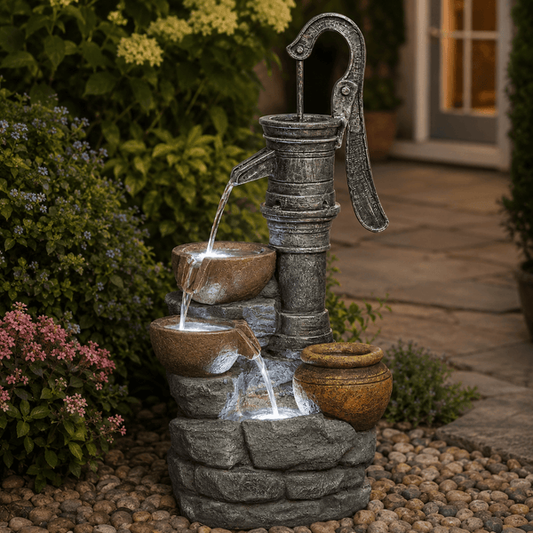 Resin Hand Pump Cascading Outdoor Fountain 32 Inch