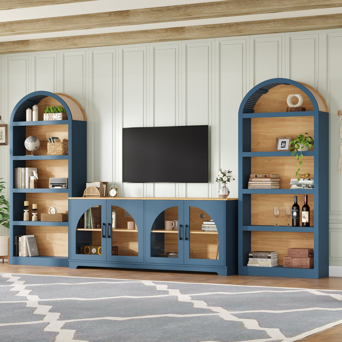 3-Piece Retro TV Stand Set with Bookshelf for TVs Up to 70