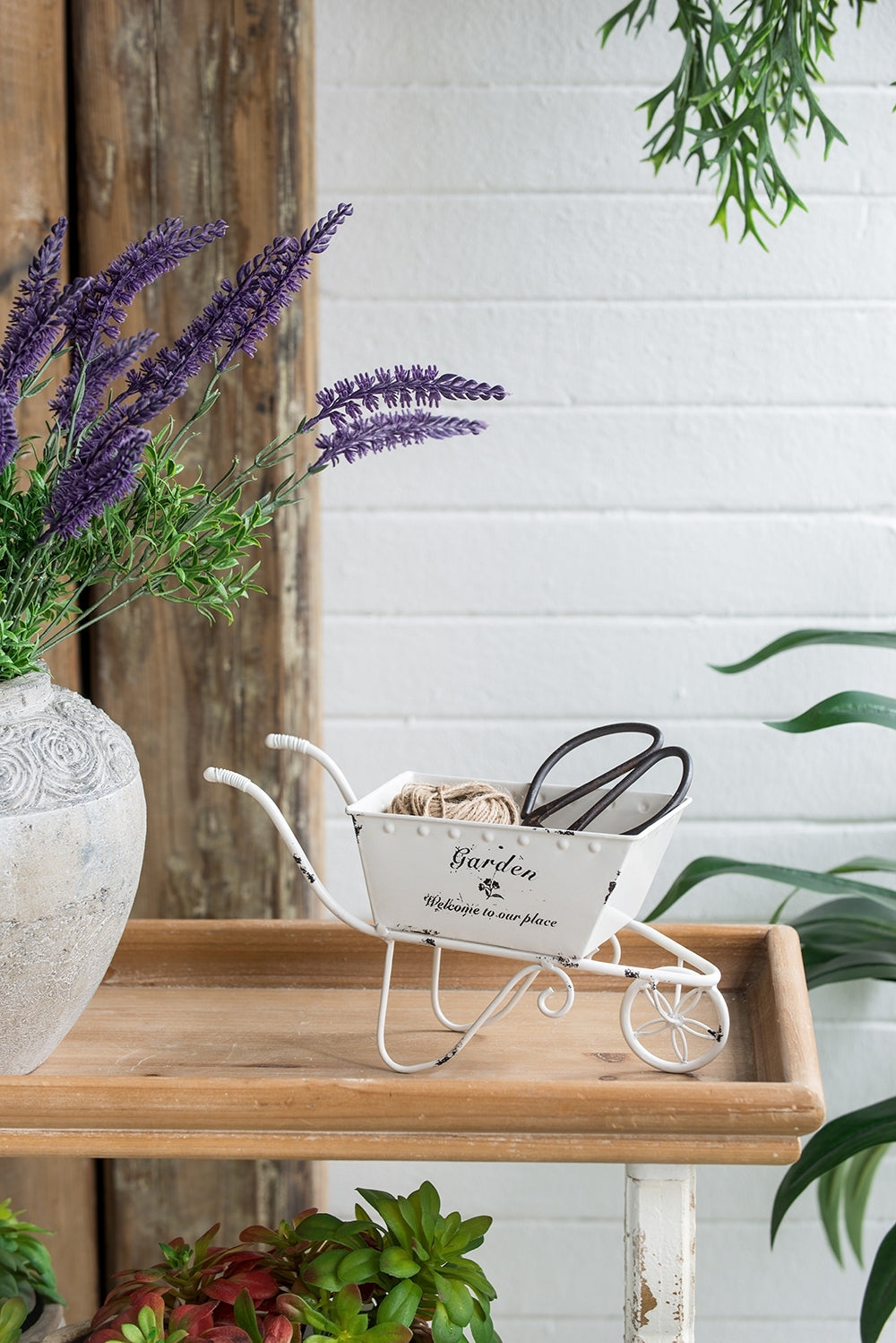 11.5x4x7' White Metal Decorative Disressed Wheelbarrow Planter, Tabletop Decor