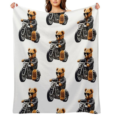 Cool Biker Teddy Bear on Motorcycle - Fun And Cute Plush Design Durable Throw Blanket