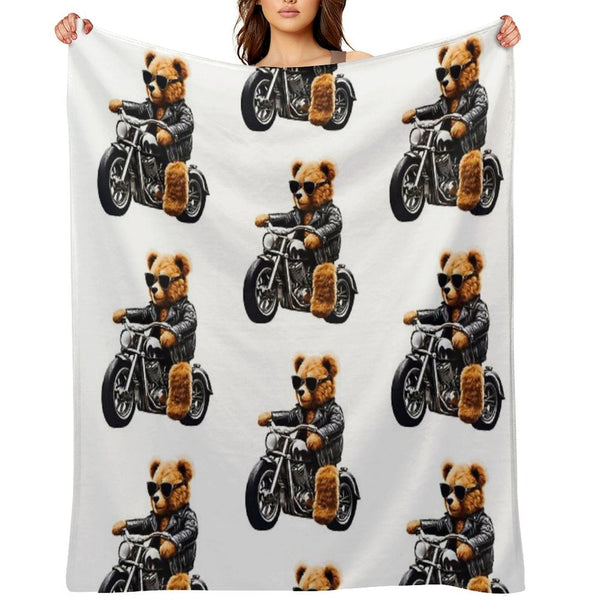Cool Biker Teddy Bear on Motorcycle - Fun And Cute Plush Design Durable Throw Blanket