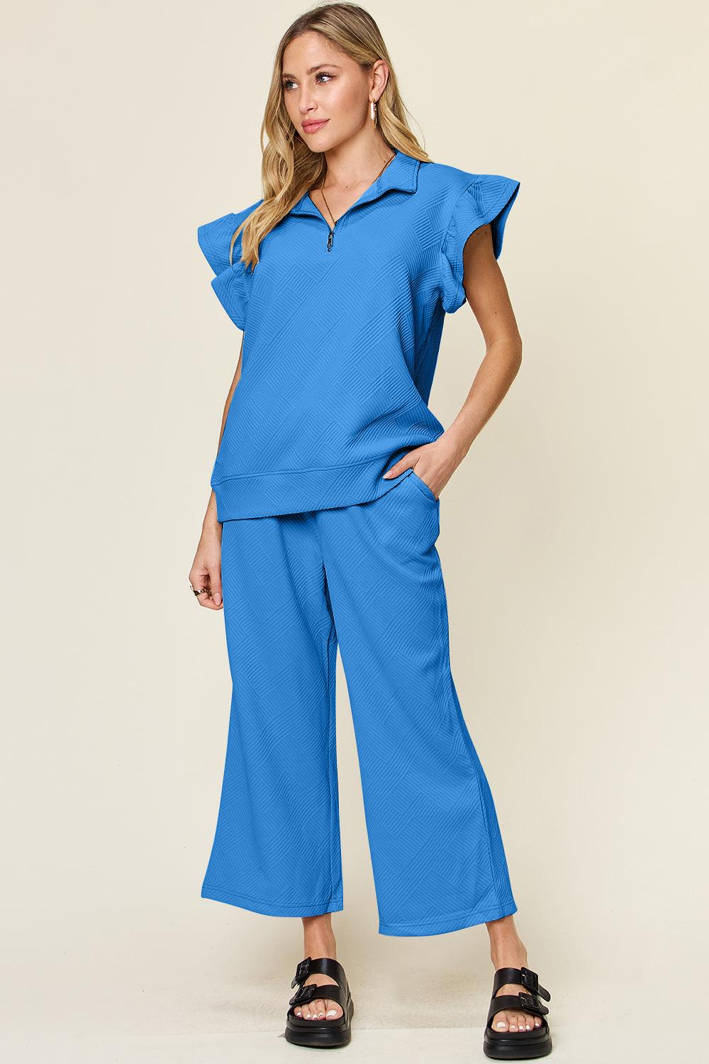 Double Take Texture Ruffle Short Sleeve Top and Pants Set