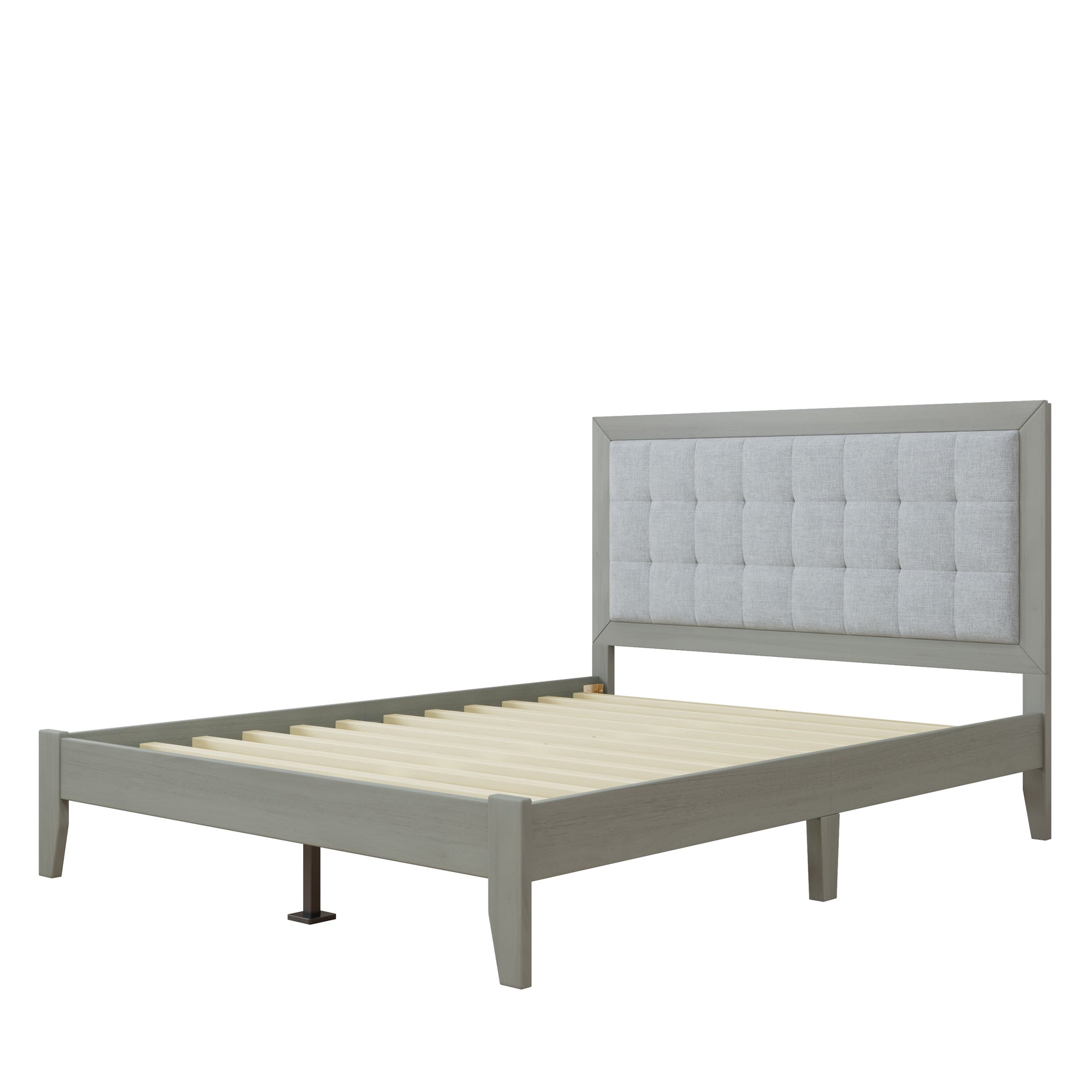 Mid-Century Modern Solid Wood Platform Bed with Upholstered Headboard in Grey, Rubber Wood, Queen Size