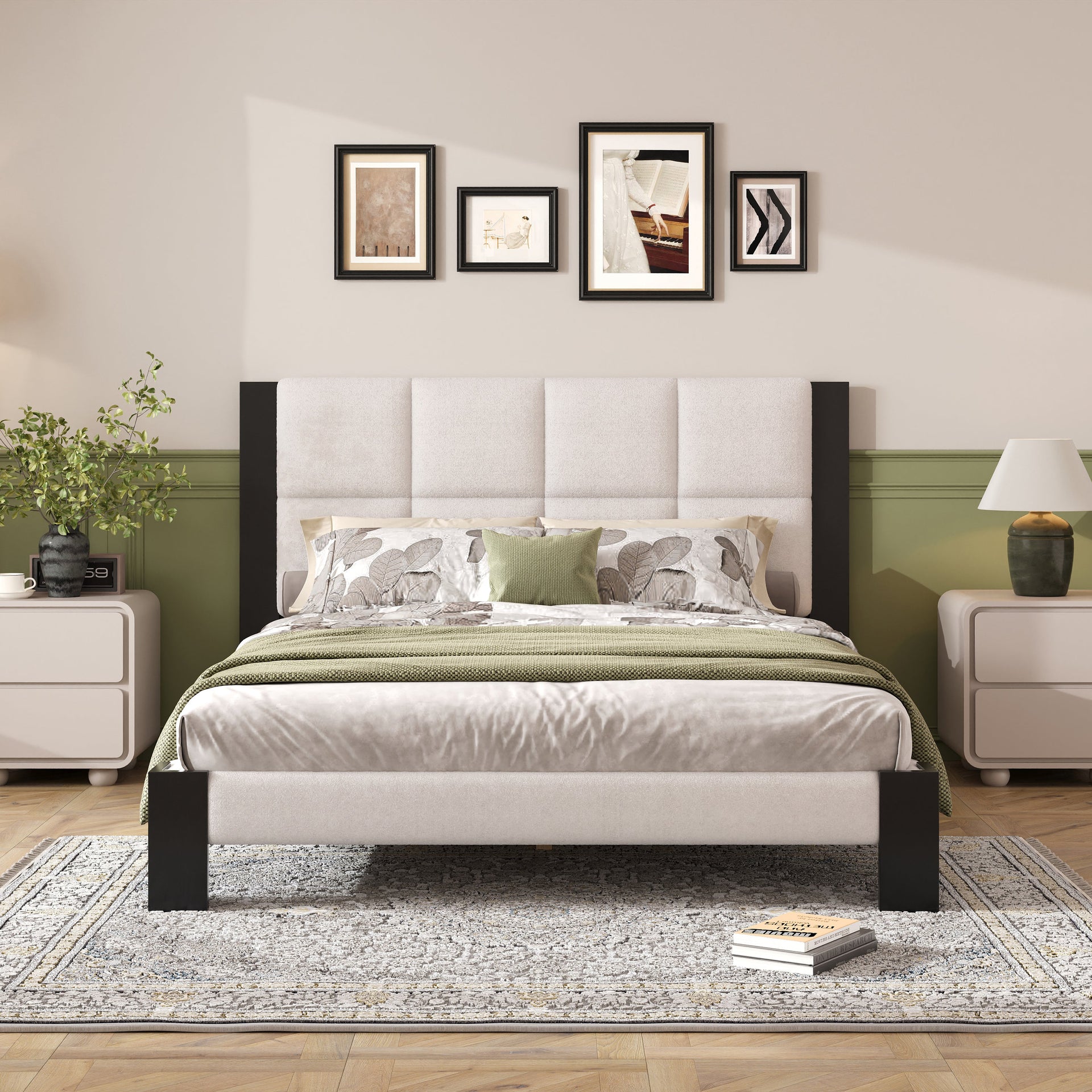 Boucle Queen Bed Frame with Square-Stitched Headboard